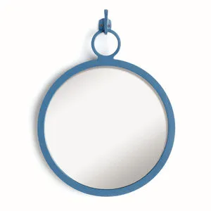 Round iron frame wall mirror in regal blue with oversized hook and bold circular design