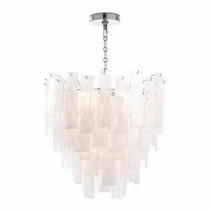 Small Glacier chandelier with layered translucent water glass panes and polished metal chain suspension