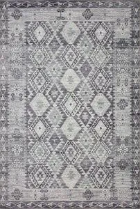 Zion Charcoal Slate traditional low-pile rug with geometric diamond pattern in shades of gray and slate