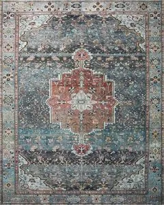 Traditional Margot Ocean / Brick Rug with blue, brick, and cream medallion pattern and ornate borders