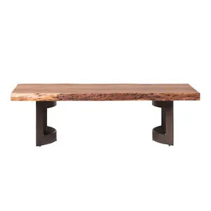 Bent Coffee Table with rustic live edge solid acacia wood top and sturdy curved black metal legs, front view