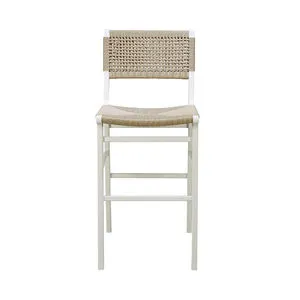 Carson Woven Back Bar Stool with white lacquer hardwood frame and natural woven rush seat and backrest front view