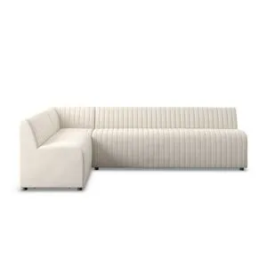 Augustine Dining Banquette L-Shape in oatmeal fabric with vertical channel tufting and plush cushioning.
