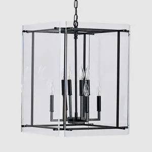 Lena 9-Light chandelier with black iron frame and clear acrylic panels enclosing eight candle-style bulbs