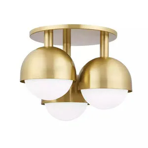 Foster 3 Light Semi Flush ceiling light in brushed brass with three white globe shades