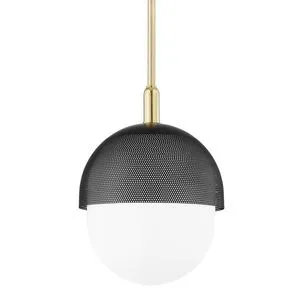 Medium pendant light with perforated black metal dome over white glass globe and brass hanging rod