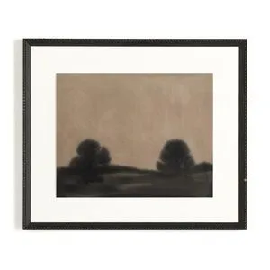 Muted landscape painting with soft black silhouettes of trees against a taupe background in a black textured frame