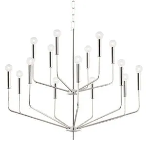 Bailey 15 light chandelier with nickel finish, featuring long straight arms and small round bulbs resembling candles