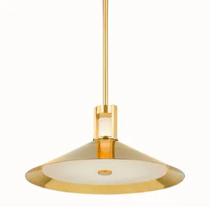 Clermont Pendant close-up with focused lighting accentuating brass shade's glossy finish and alabaster diffuser