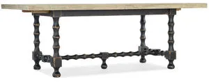 84-inch Ciao Bella trestle table with flaky white wood top and hand-chiseled black turned legs base