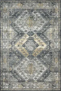 Skye Graphite and Silver traditional power-loomed rug with geometric diamond and medallion pattern in gray and muted yello...