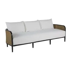 Havana Cane Sofa with black frame, woven cane sides, white cushions, and three loose back pillows