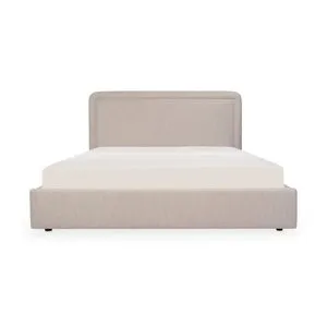 Simon Storage Bed with rounded headboard and piped detailing, upholstered in flecked beige polyester