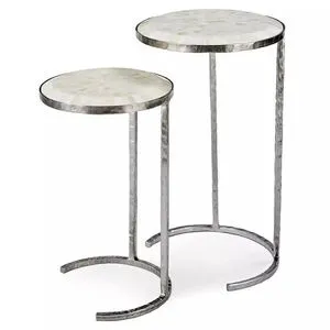 Set of two round nesting end tables with hand-inlaid bone veneer mosaic tops and polished nickel hammered metal frames