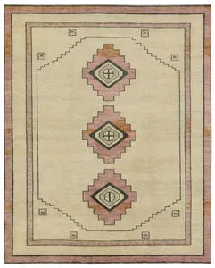 Hand-knotted Kyrenia medallion rug in pink, cream, and gray with geometric border, 18x18 inches.