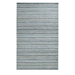 Rectangular Del Mar Jute Blend Area Rug with ivory stripes on a slate blue and natural jute background