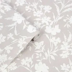 Charismatic floral wallpaper in dove grey with trailing large white flowerheads and leaves monoprint