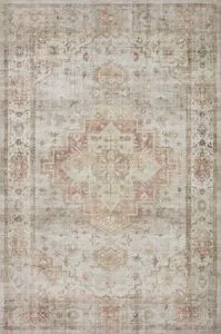 Vintage style rug with old-world medallions in muted sage, pink, and beige tones