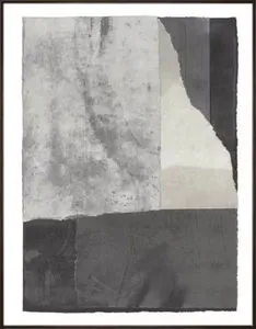 abstract painting with grayscale geometric shapes in espresso brown float frame