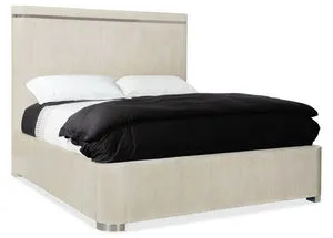 Modern Mood Panel Bed with wire-brushed Diamond finish oak veneer frame, pewter metal inlay headboard trim, and metal-wrap...