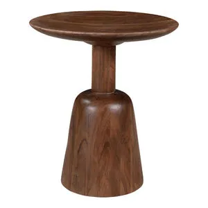 Nels end table in solid acacia wood with rounded base and simple round tabletop showcasing woodgrain