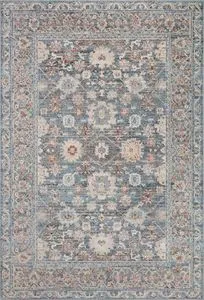Traditional long runner rug with vintage Turkish Oushak motifs in sky blue, rust, and cream