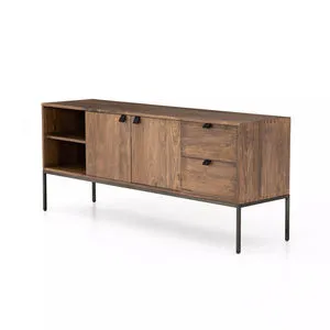 Trey Auburn Poplar Media Console with greyish auburn finish, open shelving, two-door cabinet, dual drawers with leather pu...