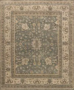 Traditional Heirloom Aqua Stone Rug with intricate floral and geometric pattern in muted aqua and stone colors