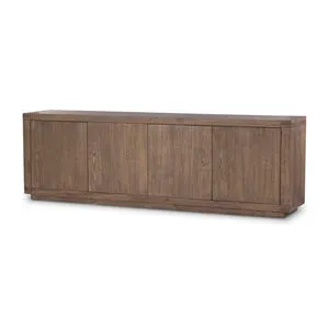 Streamlined box-style sideboard with four worn oak doors and lap joint corner details