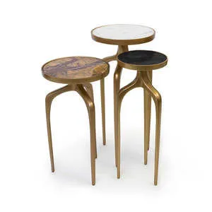 Set of three gold-finished Mixer Tables with round tabletops in white, brown, and black marble patterns, varying heights
