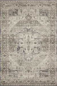 Hathaway Steel Ivory Rug with a distressed vintage medallion pattern in muted gray, ivory, and beige tones