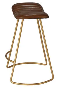 Counter stool with curved brown leather stitched seat and gold iron frame with footrest