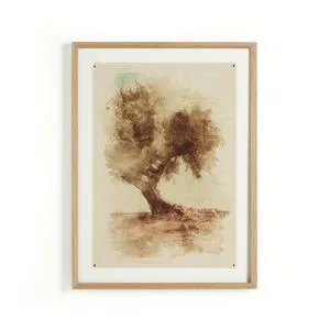 Watercolor style painting of a cypress tree with sketched details, framed in light wood with white mat