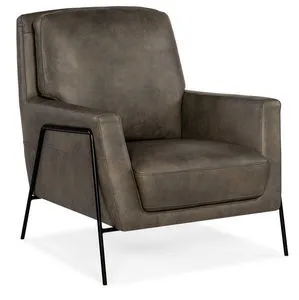 Amette Metal Frame Club Chair with black slim metal frame and plush earthy brown leather seat and back cushions