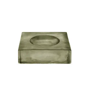 Square thick cast glass catchall with shallow concave center and textured vintage style in smoky green hue