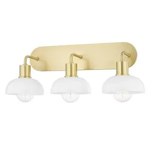 Kyla 3 Light Bath Bracket with opal glossy dome glass shades and round globe bulbs on a brushed brass base