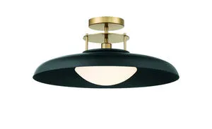 Matte black and brass 1-light semi-flush ceiling light with opal glass shade and metal reflector