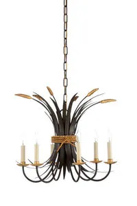 bronze iron chandelier with six ivory candle lights and antique gold leaf wheat spikes tied with a cord