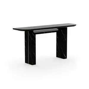 Overlap Console with sleek piano black top and Nero Marquina stone side panels in modern design