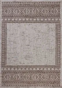 Easton Coffee / Dove indoor/outdoor reversible rug with light beige center and dark brown geometric border pattern