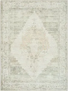 Luca Olive Machine Woven Rug with a soft vintage green and ivory medallion pattern and subtle distressed detailing