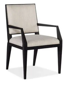 Linn Cove Upholstered Arm Chair with shadow black wooden frame and neutral porcelain fabric with welt trim on seat and back