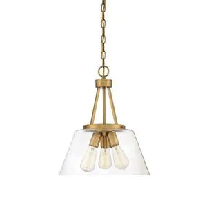 Three-light pendant with warm brass finish, clear conical glass shade, and Edison bulbs, hanging from a brass chain