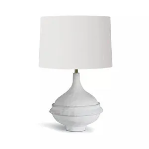 Riviera Table Lamp with matte white, paper maché-inspired curved base and a large white fabric drum shade