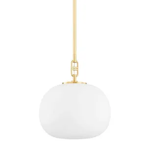 Ingels small pendant light with frosted white glass globe and aged brass finish steel fixture