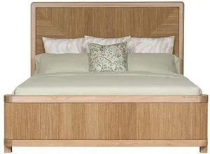 Modern California King bed with light wood frame and neutral woven upholstered panels, featuring curved wood trim