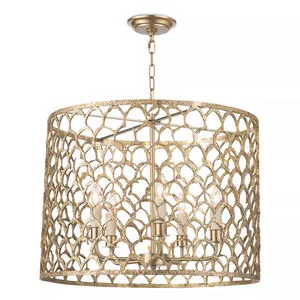 Brass-toned Cabana Chandelier with textured openwork drum shade and six candle-style lights inside