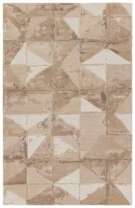 Handmade taupe and cream geometric rug with fractured angular shapes and high-low pile texture