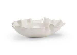 Hand-glazed white Italian ceramic freeform bowl with undulating edges resembling a shell
