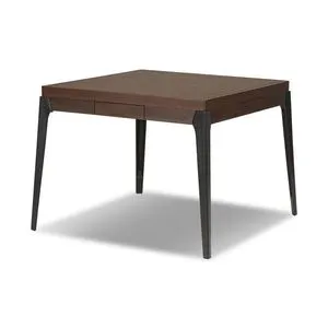 Square mahjong table with midcentury black cast iron legs and dark oak top with storage drawers